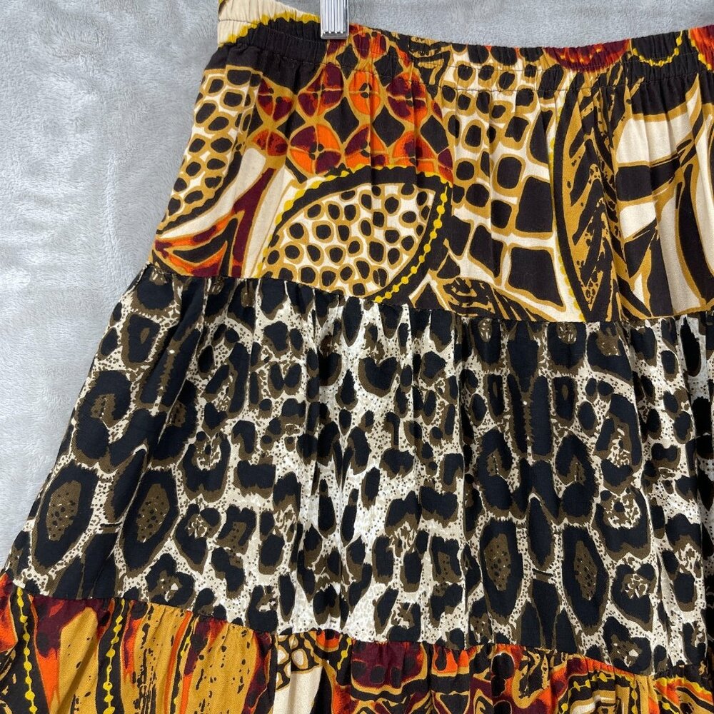 Vintage Leopard Animal Print Batik A Line Maxi Skirt Brown Orange - Picture 2 of 10